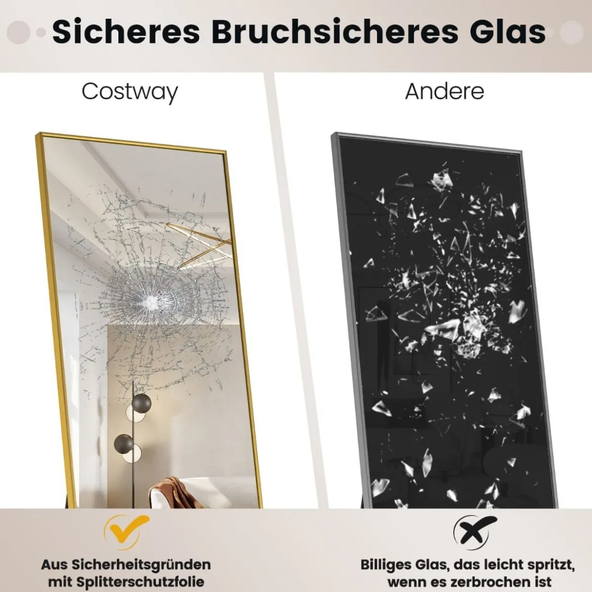 160 x 40 cm Ganzkörperspiegel 2 in 1 Standspiegel & Wandspiegel aus bruchsicherem Glas Gold