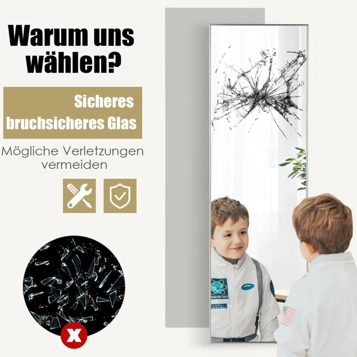 37 x 120 cm Ganzkörperspiegel mit Höhenverstellbaren Hängehaken Wandspiegel Silber