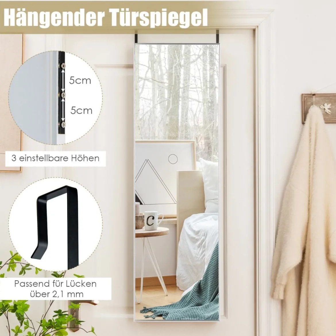 37 x 120 cm Ganzkörperspiegel mit Höhenverstellbaren Hängehaken Wandspiegel Silber