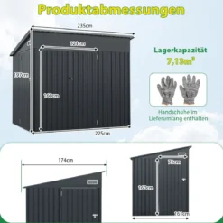 235 x 174 cm Geräteschuppen mit Dreifachtüren abschließbarer Gartenschuppen mit schrägem Dach Dunkelgrau