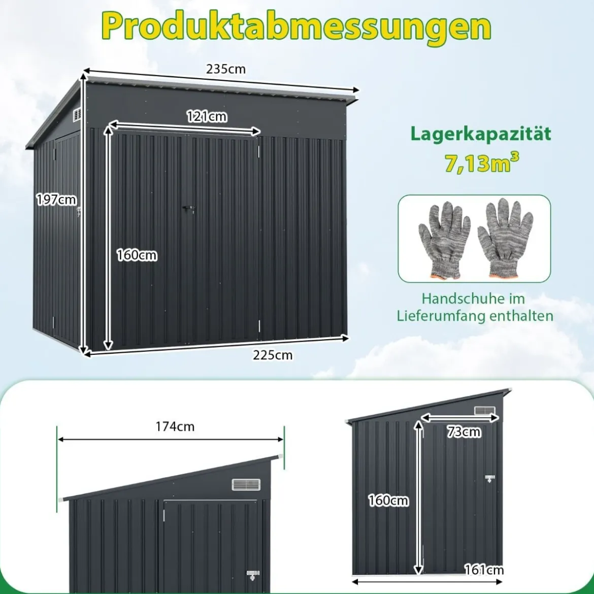 235 x 174 cm Geräteschuppen mit Dreifachtüren abschließbarer Gartenschuppen mit schrägem Dach Dunkelgrau