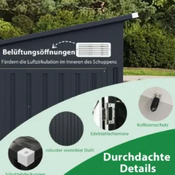 235 x 174 cm Geräteschuppen mit Dreifachtüren abschließbarer Gartenschuppen mit schrägem Dach Dunkelgrau