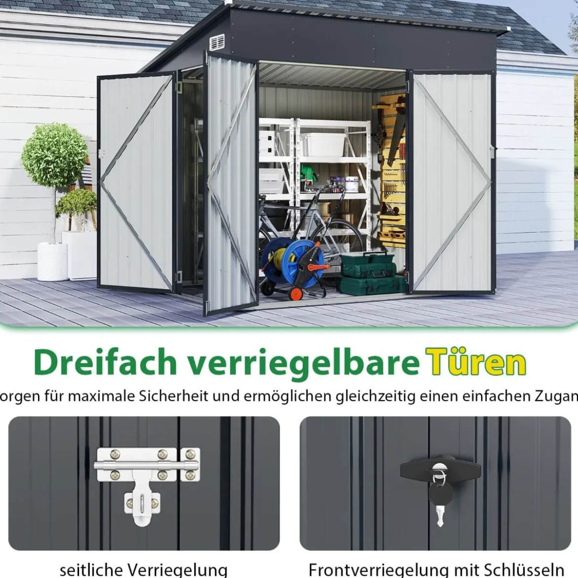 235 x 174 cm Geräteschuppen mit Dreifachtüren abschließbarer Gartenschuppen mit schrägem Dach Dunkelgrau