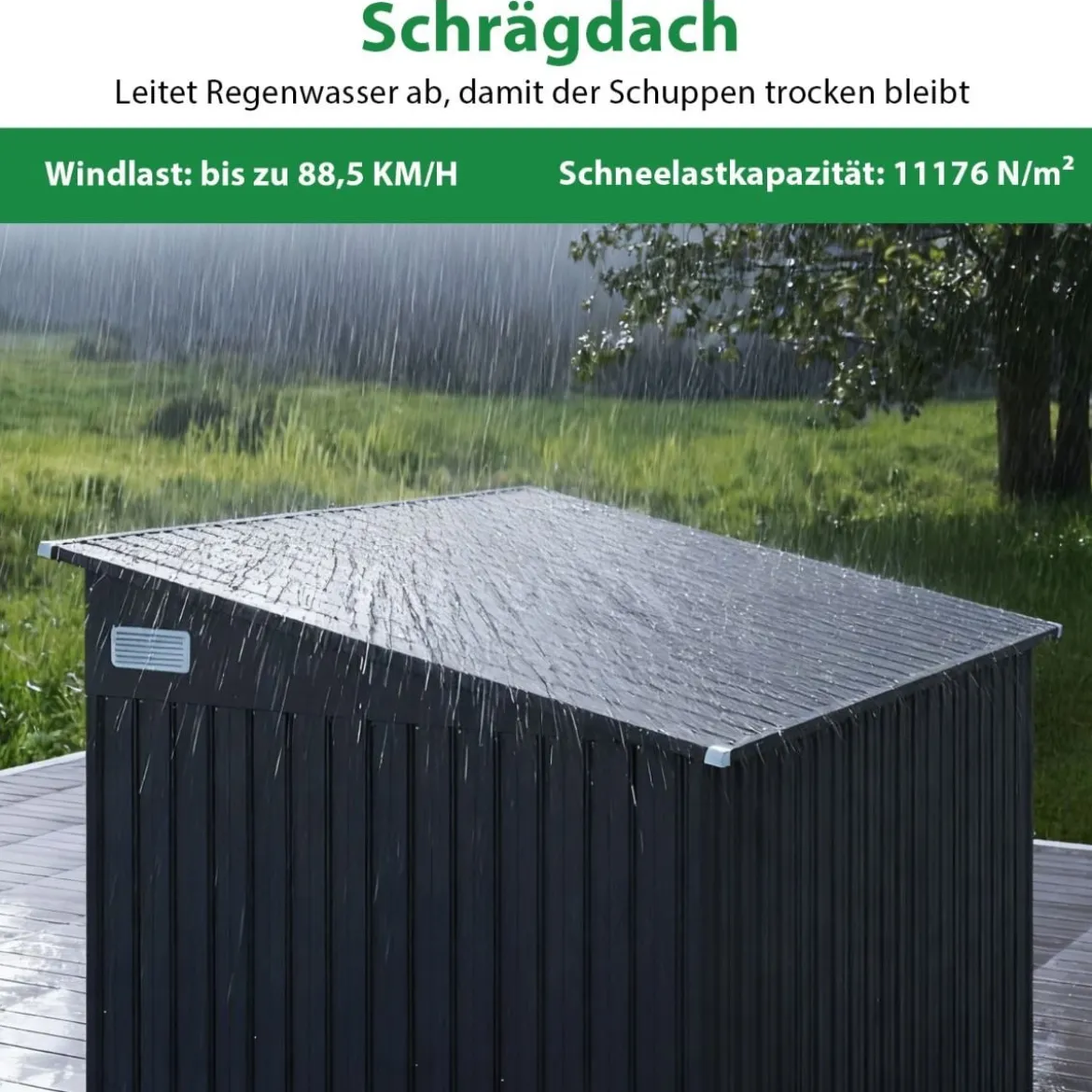 235 x 174 cm Geräteschuppen mit Dreifachtüren abschließbarer Gartenschuppen mit schrägem Dach Dunkelgrau