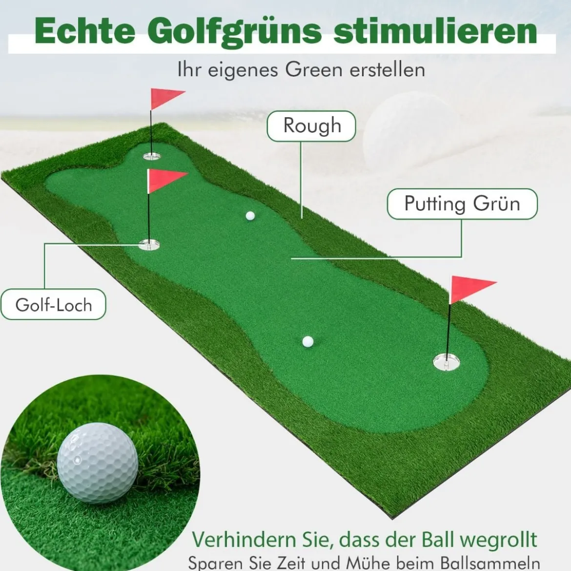 300 x 100 cm Golf Puttingmatte Golfmatte mit Kunstrasen Trainingsmatte für Zuhause Grün