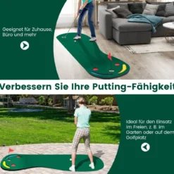 300 x 96 cm Golf Puttingmatte mit 3 Putting Cups & 1 Fahne Faltbare Golfmatte Übungsmatte Grün