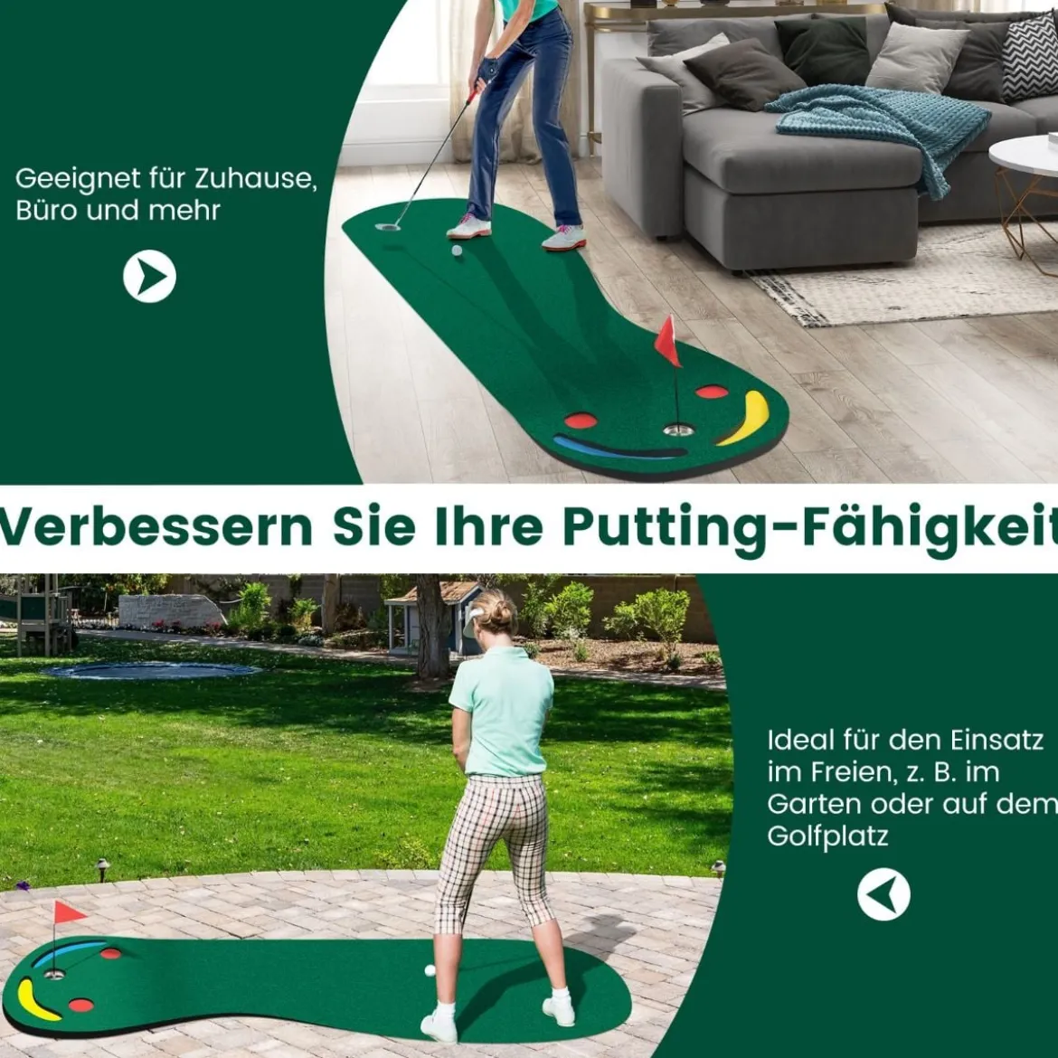 300 x 96 cm Golf Puttingmatte mit 3 Putting Cups & 1 Fahne Faltbare Golfmatte Übungsmatte Grün