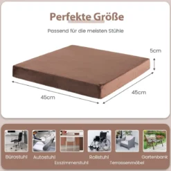 45 x 45 cm Große Memory-Schaum-Sitzkissen 5 cm Dicke Stuhlauflagen Braun