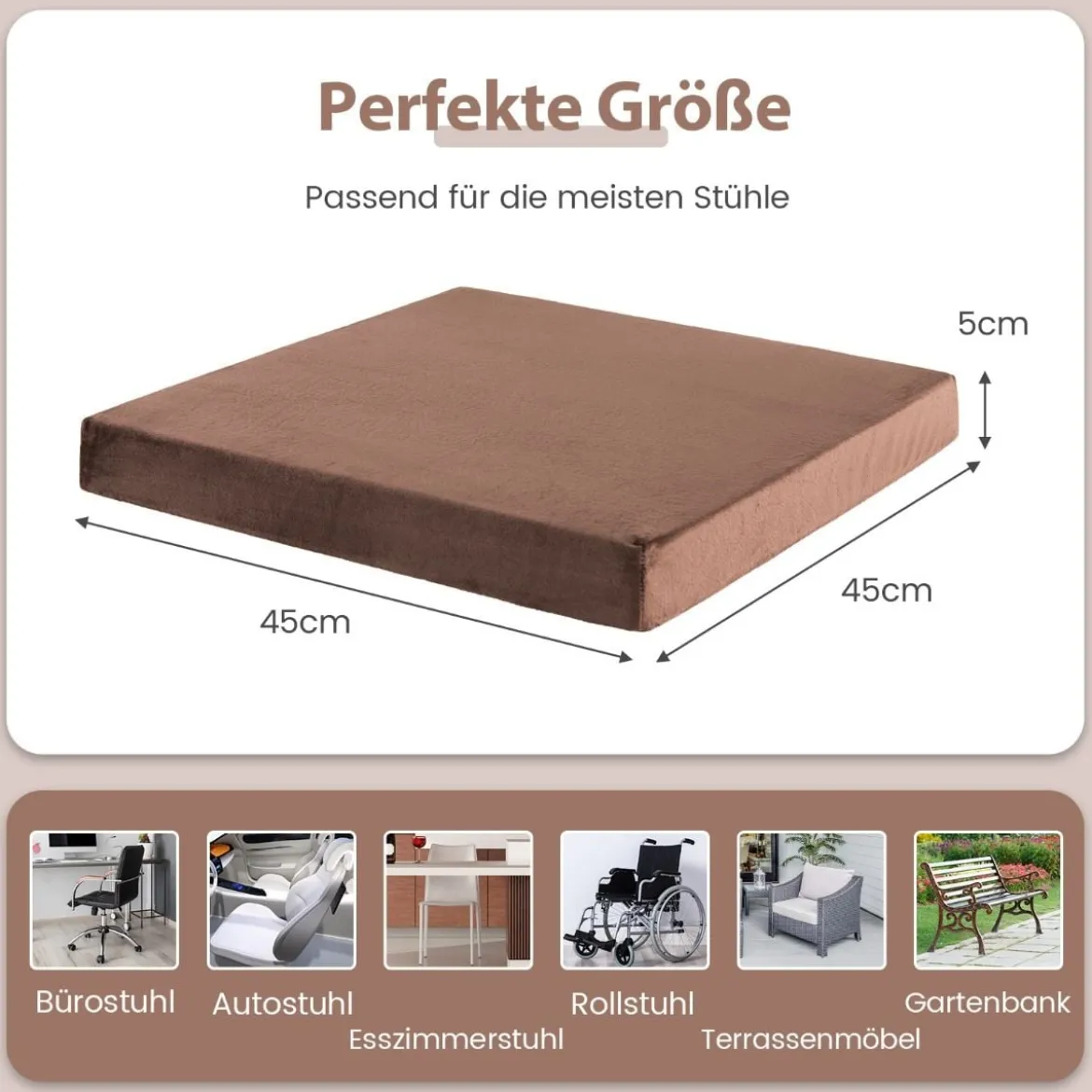 45 x 45 cm Große Memory-Schaum-Sitzkissen 5 cm Dicke Stuhlauflagen Braun