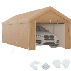 301 x 600 cm Großer Carport Tragbares Garagenzelt mit verzinktem Metallrahmen Gelb