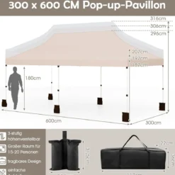 300 x 600 cm großes Pop-up-Überdachungszelt klappbares Eventzelt mit Tragetasche Weiß/Grün/Grau/Schwarz/Blau