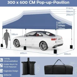 300 x 600 cm großes Pop-up-Überdachungszelt klappbares Eventzelt mit Tragetasche Weiß/Grün/Grau/Schwarz/Blau