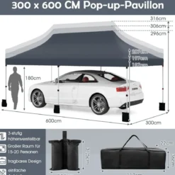 300 x 600 cm großes Pop-up-Überdachungszelt klappbares Eventzelt mit Tragetasche Weiß/Grün/Grau/Schwarz/Blau