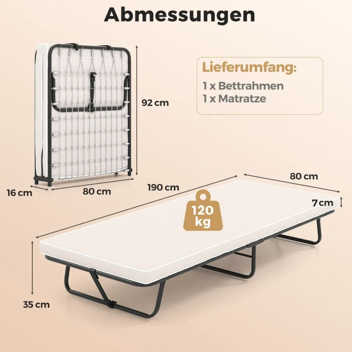 190 x 80 cm Gästebett mit Matratze Klappbares Einzelbett bis 120kg Stabiler Metallbett