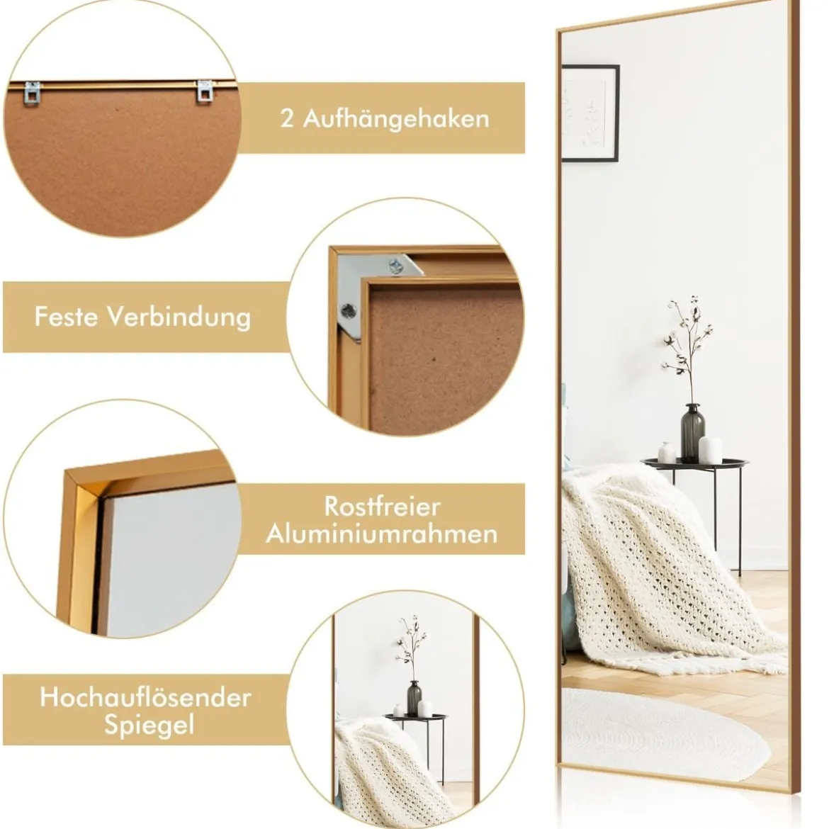 56 x 150 cm HD Ganzkörperspiegel zum Aufhängen oder Anlehnen Wandspiegel Gold