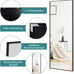 56 x 150 cm HD Ganzkörperspiegel zum Aufhängen oder Anlehnen Wandspiegel Schwarz