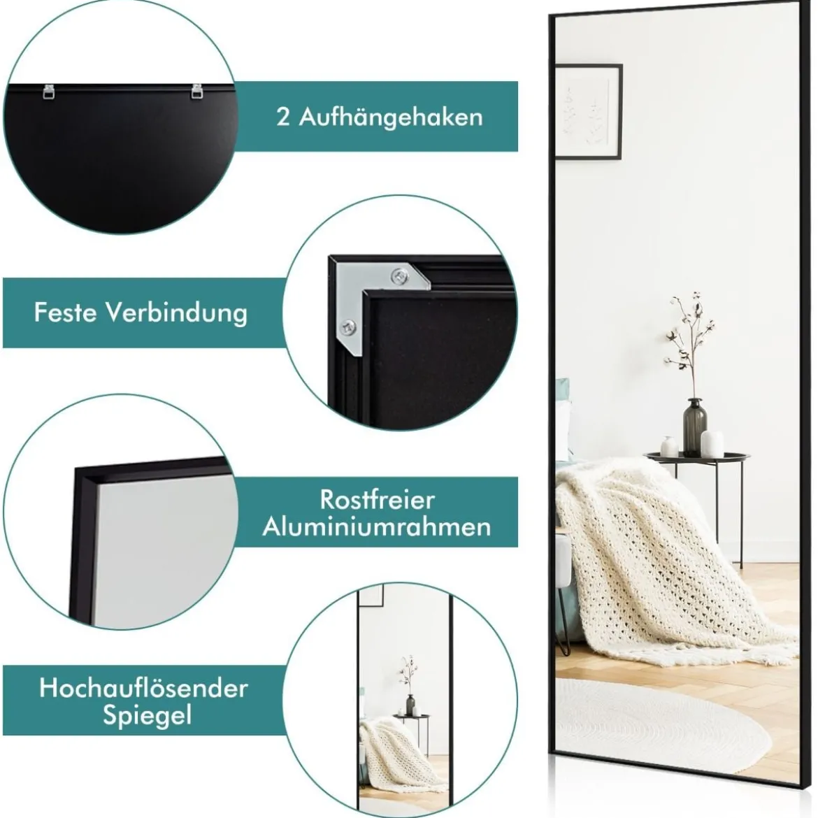 56 x 150 cm HD Ganzkörperspiegel zum Aufhängen oder Anlehnen Wandspiegel Schwarz