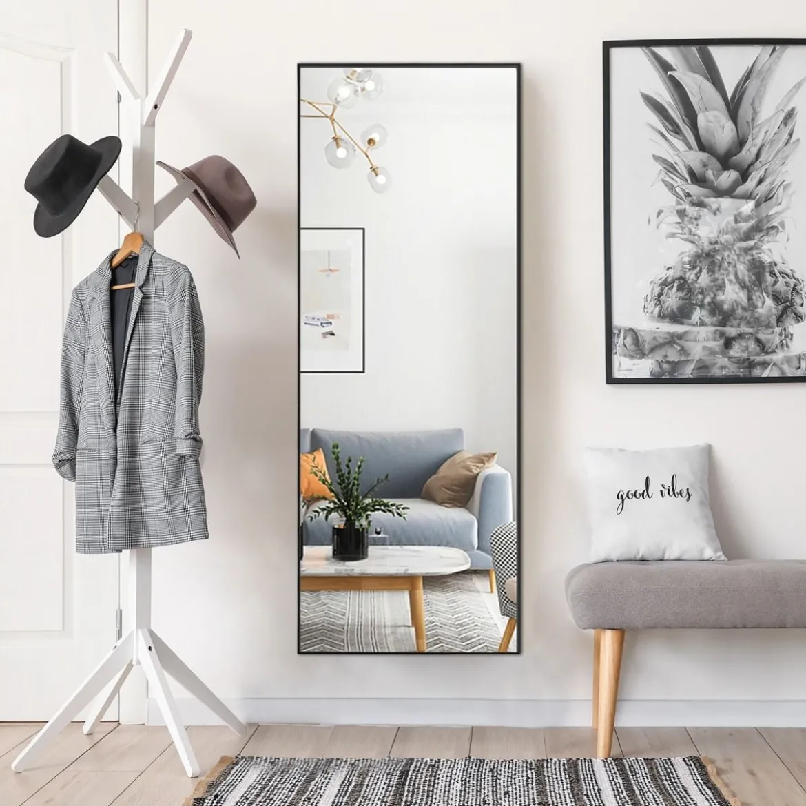 56 x 150 cm HD Ganzkörperspiegel zum Aufhängen oder Anlehnen Wandspiegel Schwarz