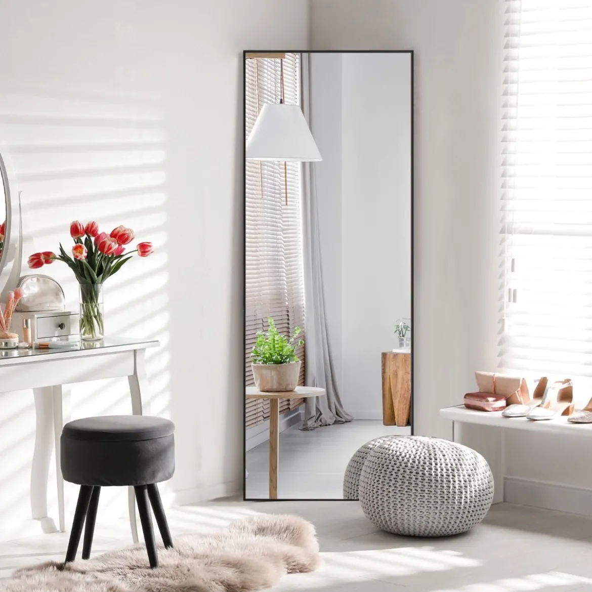 56 x 150 cm HD Ganzkörperspiegel zum Aufhängen oder Anlehnen Wandspiegel Schwarz