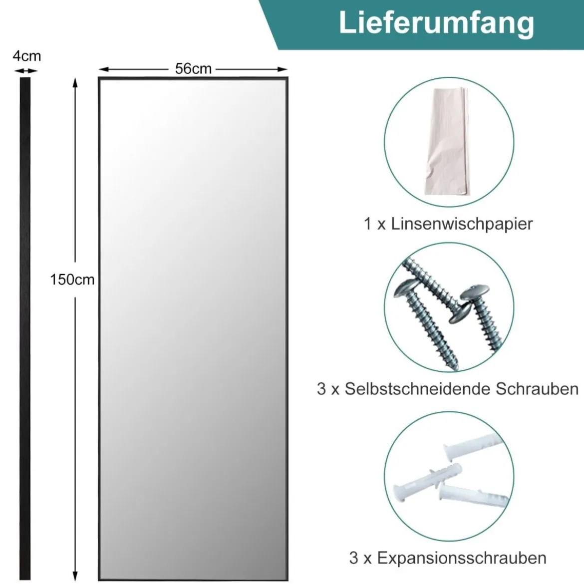 56 x 150 cm HD Ganzkörperspiegel zum Aufhängen oder Anlehnen Wandspiegel Schwarz