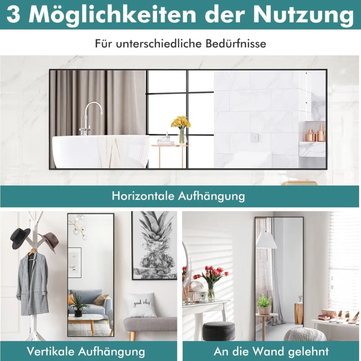 56 x 150 cm HD Ganzkörperspiegel zum Aufhängen oder Anlehnen Wandspiegel Schwarz