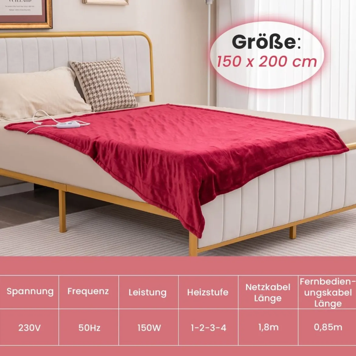 150 x 200 cm Heizdecke mit Abschaltautomatik & Timer & Überhitzungsschutz Rot