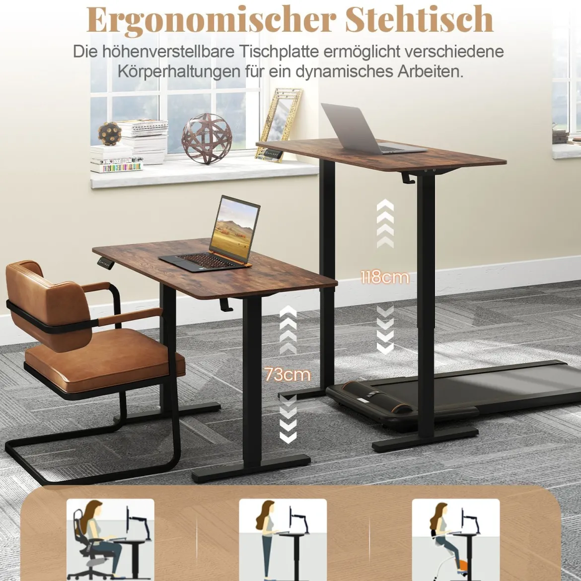 120 x 60 cm Höhenverstellbarer Schreibtisch mit Haken Elektrischer Stehschreibtisch Rustikales Braun