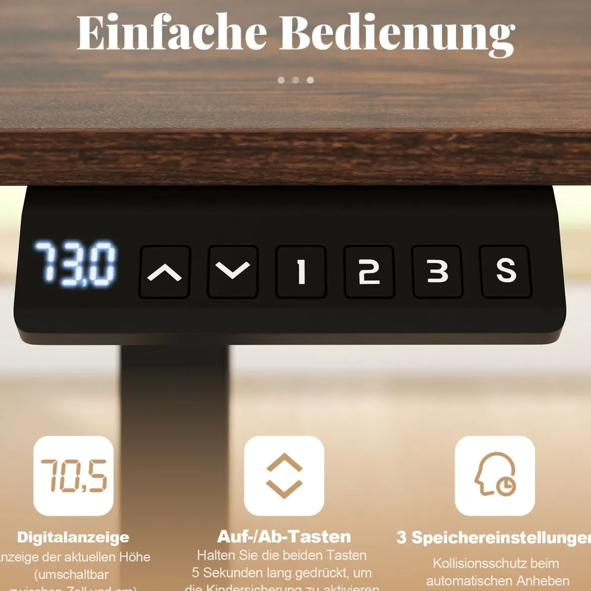 120 x 60 cm Höhenverstellbarer Schreibtisch mit Haken Elektrischer Stehschreibtisch Rustikales Braun