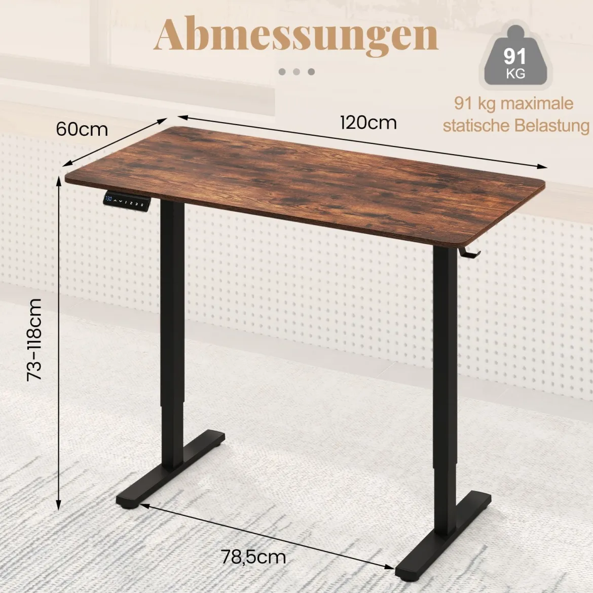 120 x 60 cm Höhenverstellbarer Schreibtisch mit Haken Elektrischer Stehschreibtisch Rustikales Braun