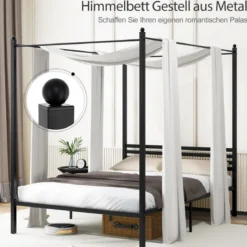 140 x 200 cm Himmelbett Bettgestell mit Lattenrost Metallbett Doppelbett Bettrahmen Schwarz