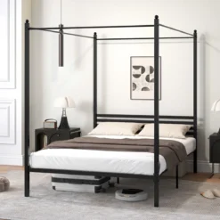 140 x 200 cm Himmelbett Bettgestell mit Lattenrost Metallbett Doppelbett Bettrahmen Schwarz