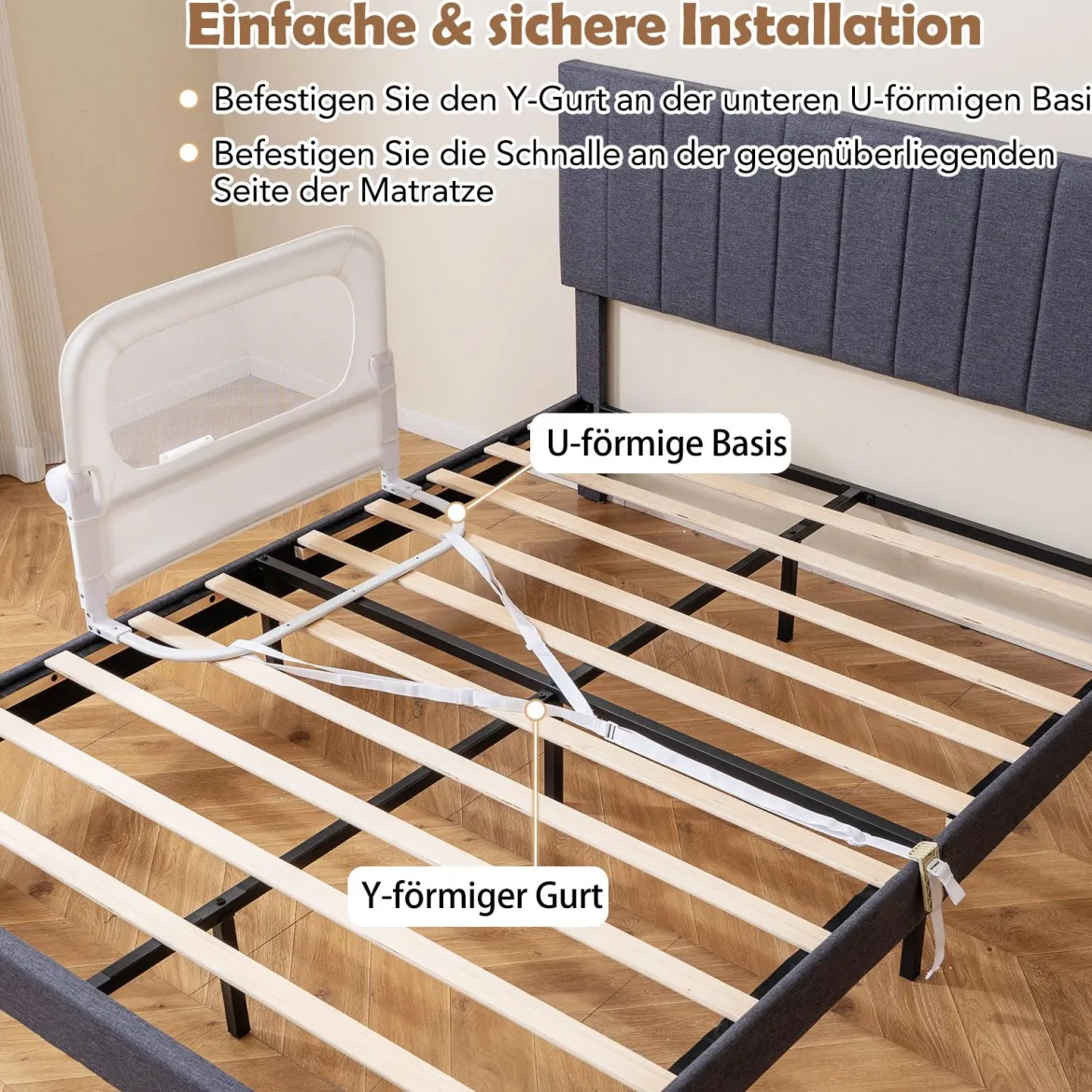 80 x 60 cm Klappbarer Bettgitter mit Abnehmbarem Oxford-Bezug & Gurt Bettschutzgitter Weiß