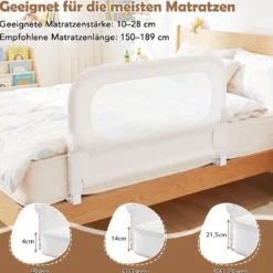80 x 60 cm Klappbarer Bettgitter mit Abnehmbarem Oxford-Bezug & Gurt Bettschutzgitter Weiß