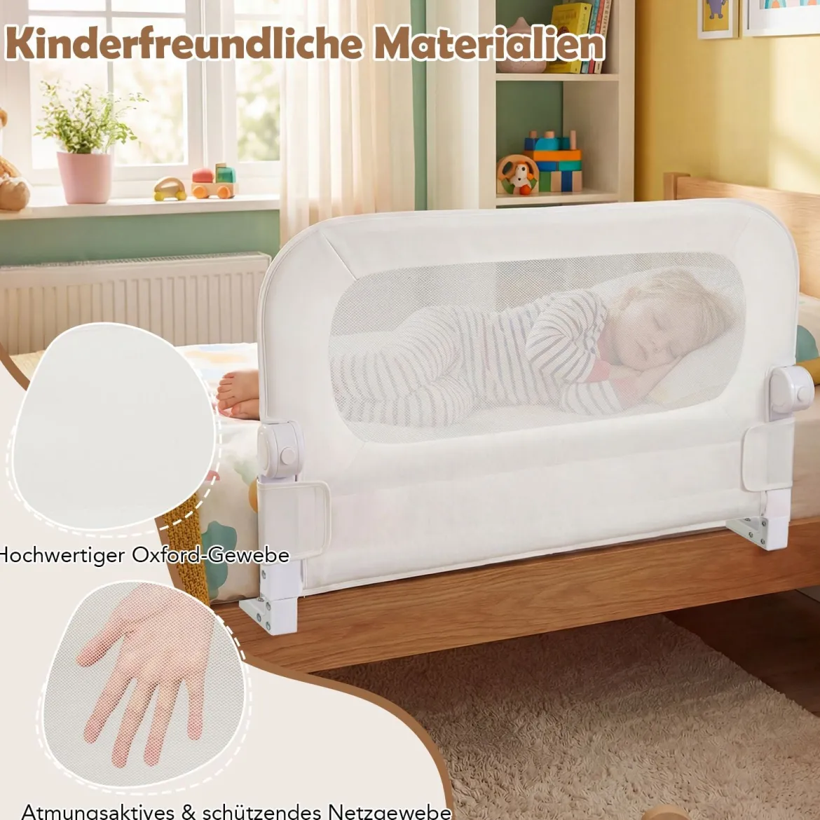 80 x 60 cm Klappbarer Bettgitter mit Abnehmbarem Oxford-Bezug & Gurt Bettschutzgitter Weiß