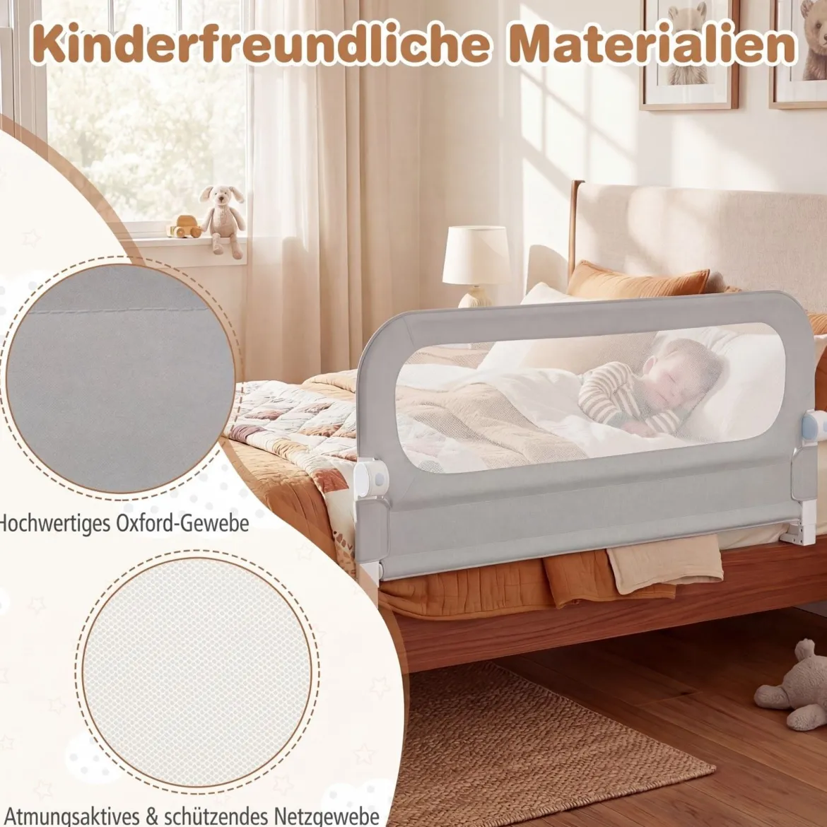 120 x 60 cm Klappbarer Bettgitter mit Abnehmbarem Oxford-Bezug & Gurt Bettschutzgitter Grau