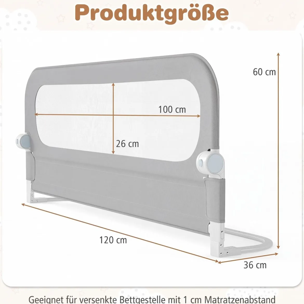 120 x 60 cm Klappbarer Bettgitter mit Abnehmbarem Oxford-Bezug & Gurt Bettschutzgitter Grau