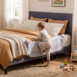 120 x 60 cm Klappbarer Bettgitter mit Abnehmbarem Oxford-Bezug & Gurt Bettschutzgitter Grau