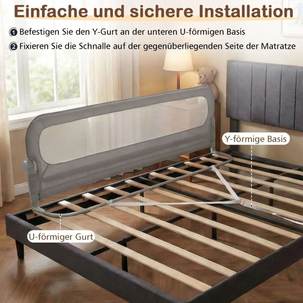 198 x 60 cm Klappbares Bettgitter mit Abnehmbarem Oxford-Bezug Bettschutzgitter Grau