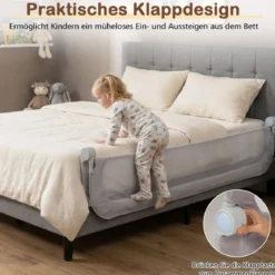 198 x 60 cm Klappbares Bettgitter mit Abnehmbarem Oxford-Bezug Bettschutzgitter Grau