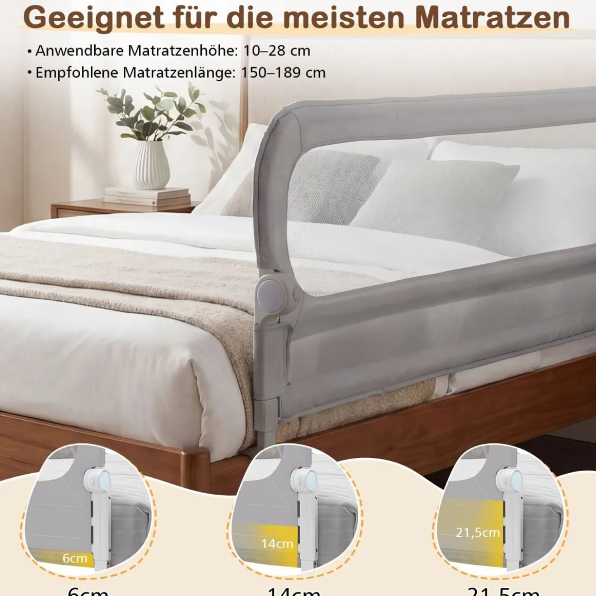 198 x 60 cm Klappbares Bettgitter mit Abnehmbarem Oxford-Bezug Bettschutzgitter Grau
