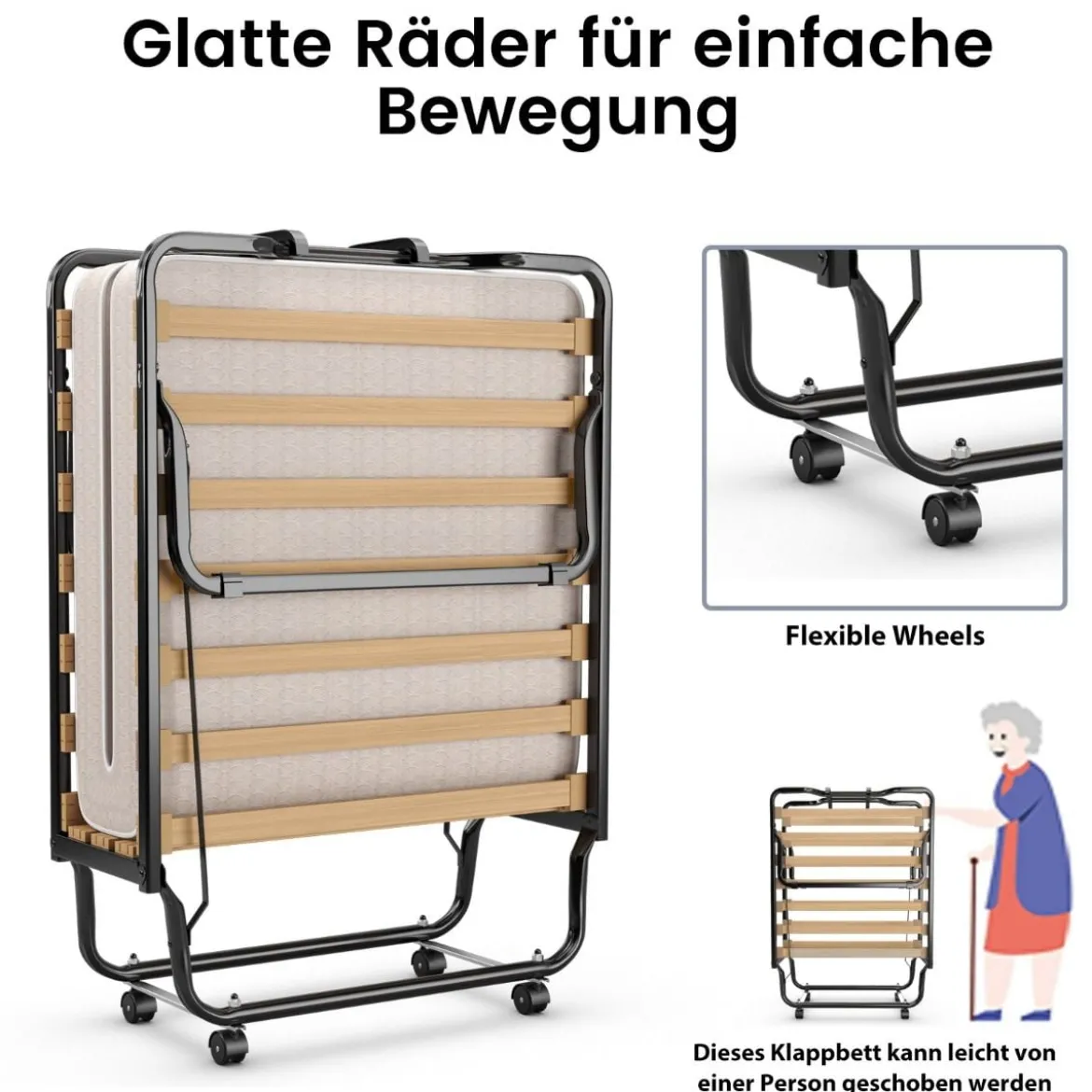 80x 200 cm Klappbares Gästebett Faltbares Faltbett mit Matratze aus Rückstellschaum