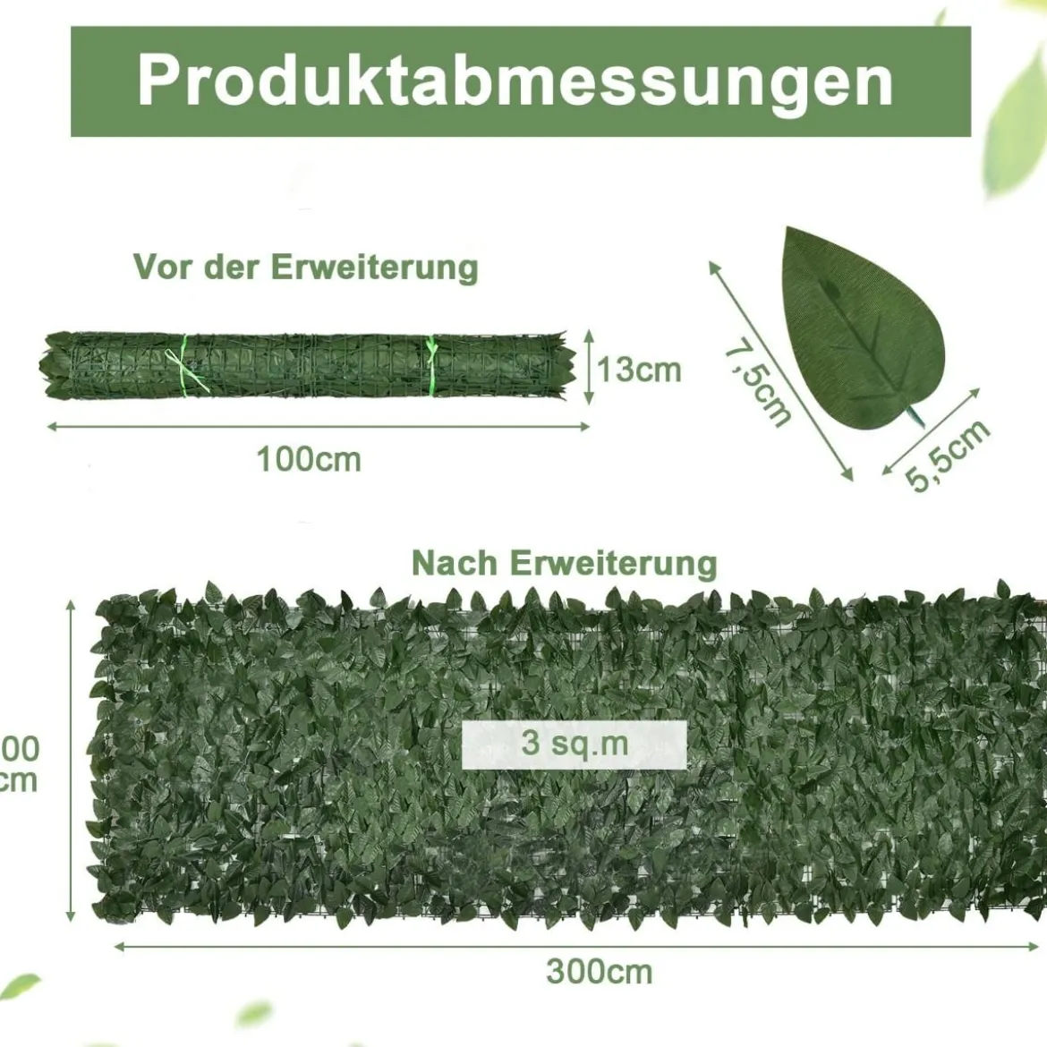 300 x 100 cm Künstliches Pflanzenwand Efeublättern Sichtschutz Heckenpflanze Windschutz
