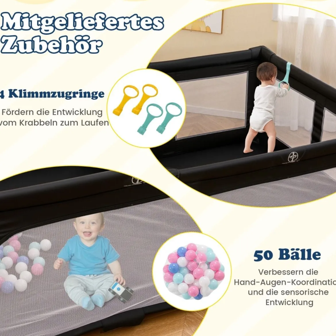 150 x 150 cm Laufstall Baby faltbar Laufgitter mit 50 Bälle 4 Griffe & Reißverschlusstor Hellgrau/Blau