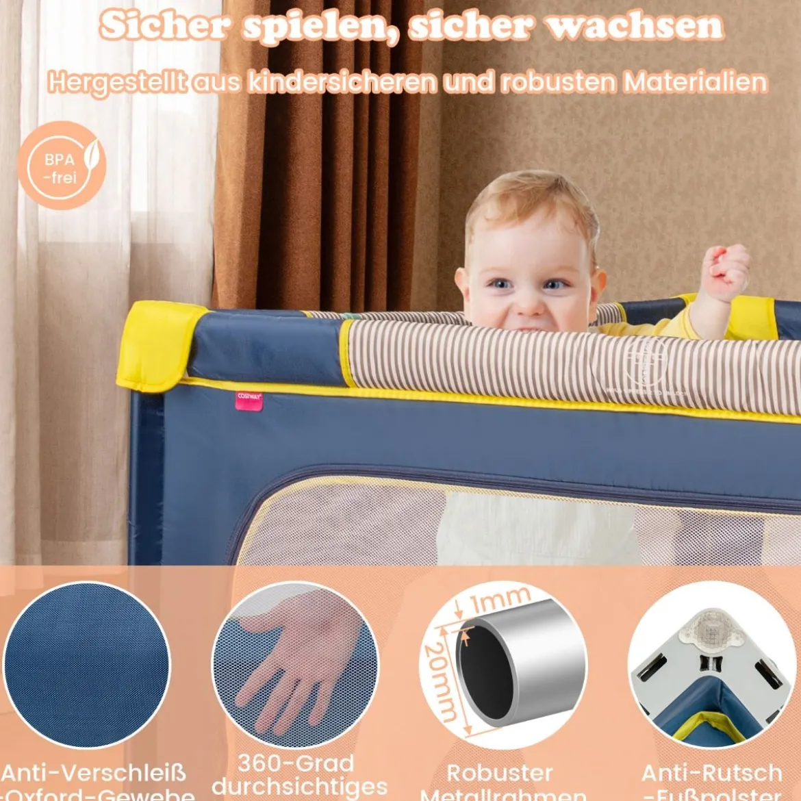150 x 150 cm Laufstall Baby faltbar Laufgitter mit 50 Bälle 4 Griffe & Reißverschlusstor Hellgrau/Blau