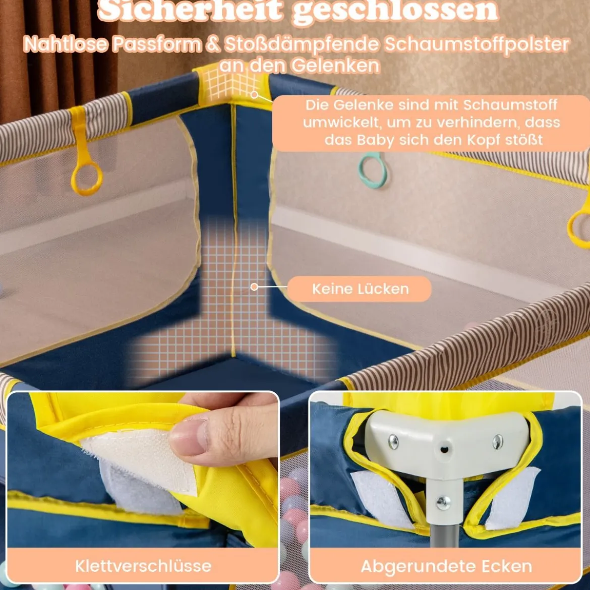 150 x 150 cm Laufstall Baby faltbar Laufgitter mit 50 Bälle 4 Griffe & Reißverschlusstor Hellgrau/Blau