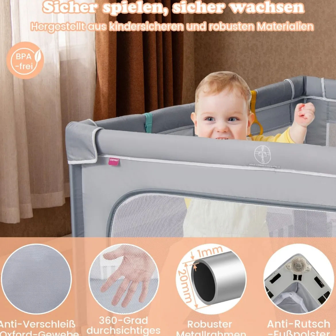 150 x 150 cm Laufstall Baby faltbar Laufgitter mit 50 Bälle 4 Griffe & Reißverschlusstor Hellgrau/Blau