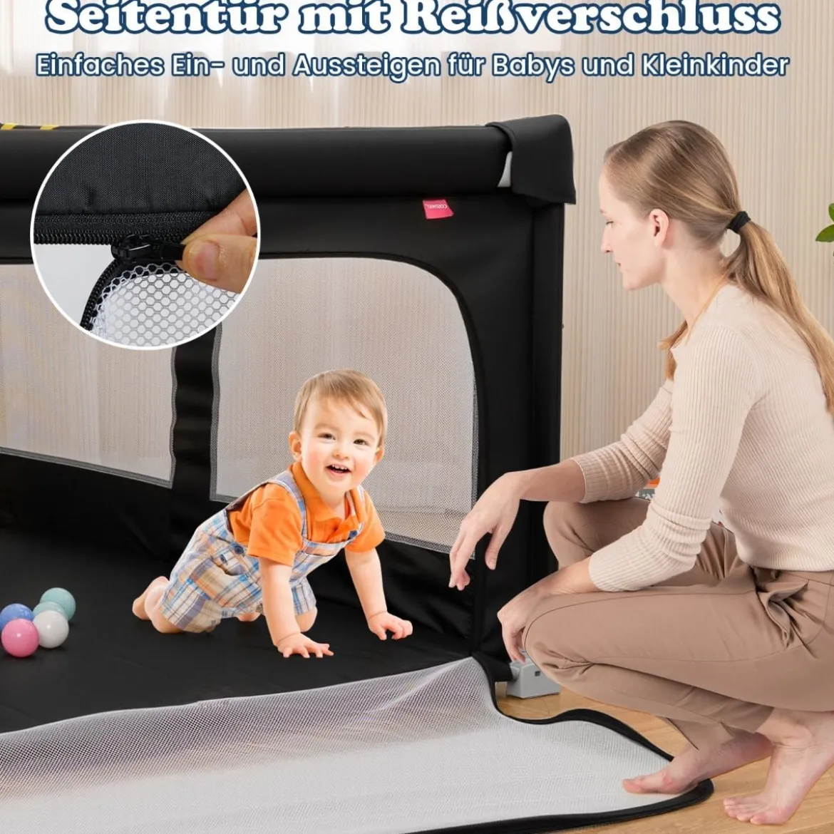 150 x 150 cm Laufstall Baby faltbar Laufgitter mit 50 Bälle 4 Griffe & Reißverschlusstor Hellgrau/Blau