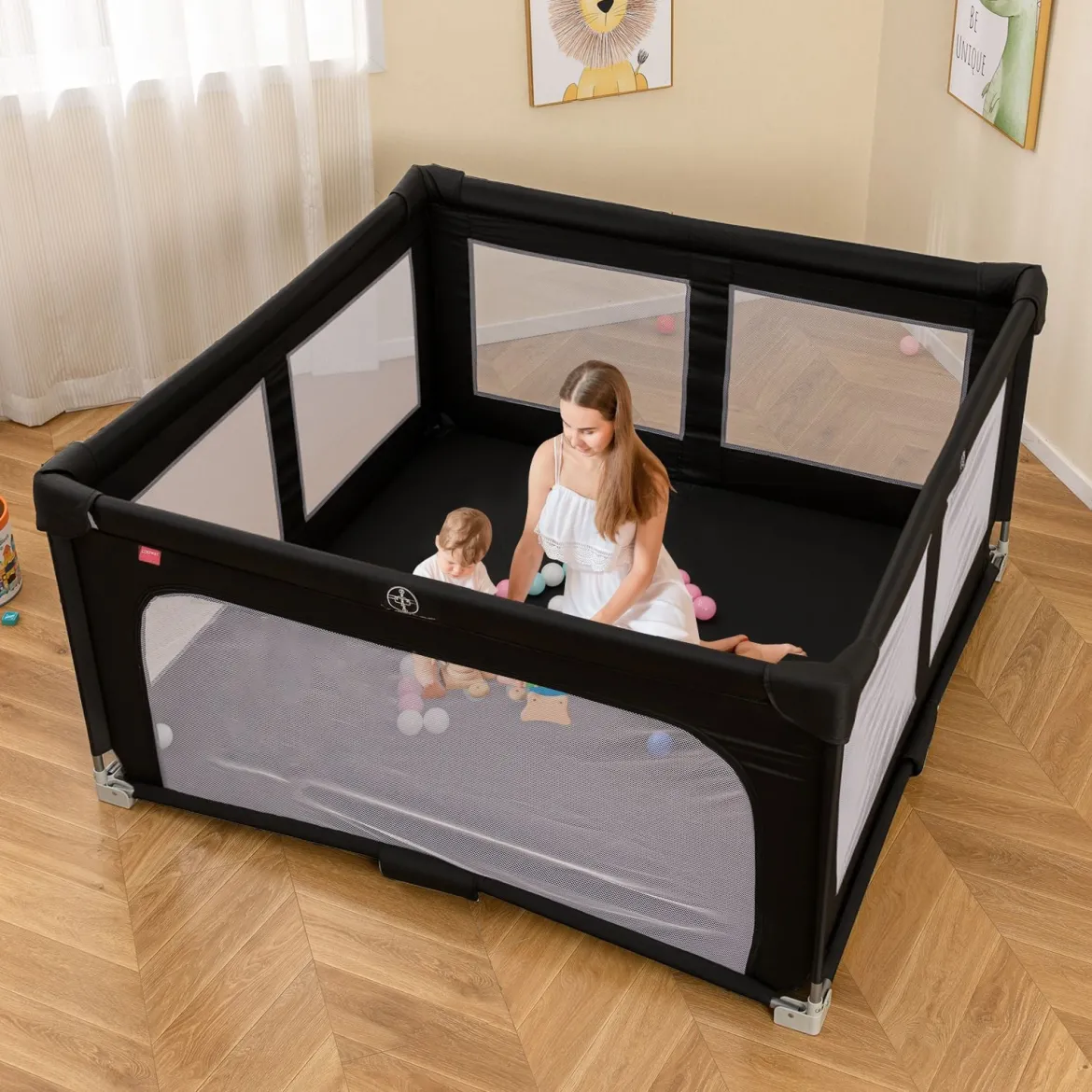 150 x 150 cm Laufstall Baby faltbar Laufgitter mit 50 Bälle 4 Griffe & Reißverschlusstor Hellgrau/Blau