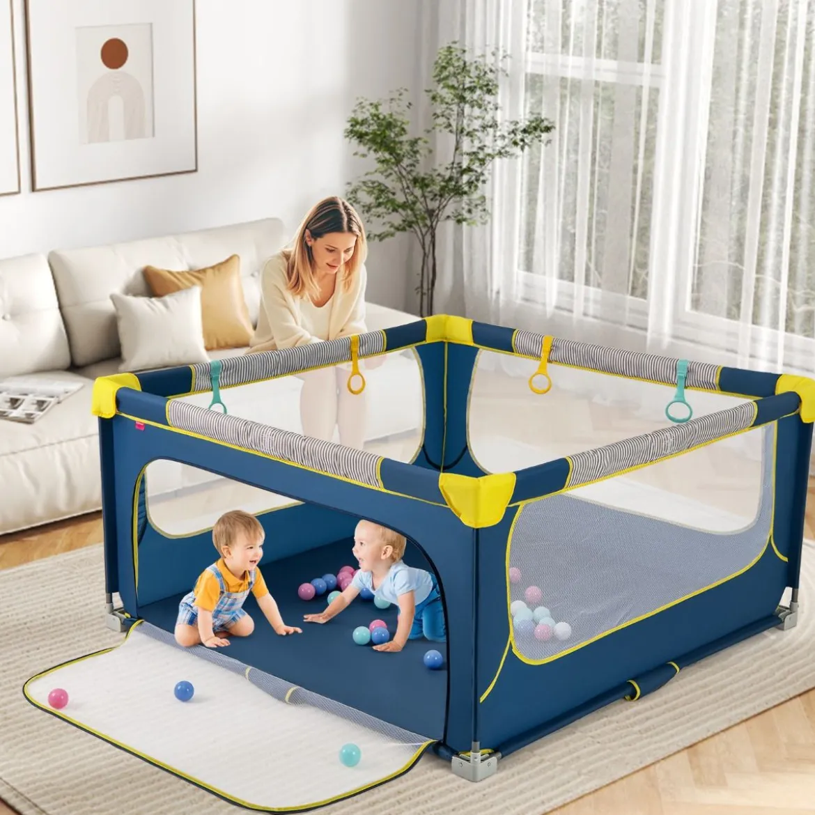 150 x 150 cm Laufstall Baby faltbar Laufgitter mit 50 Bälle 4 Griffe & Reißverschlusstor Hellgrau/Blau
