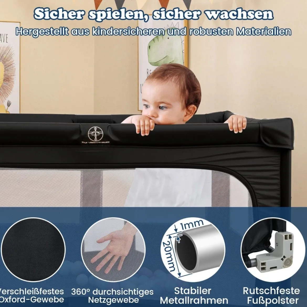 150 x 150 cm Laufstall Baby faltbar Laufgitter mit 50 Bälle 4 Griffe & Reißverschlusstor Hellgrau/Blau